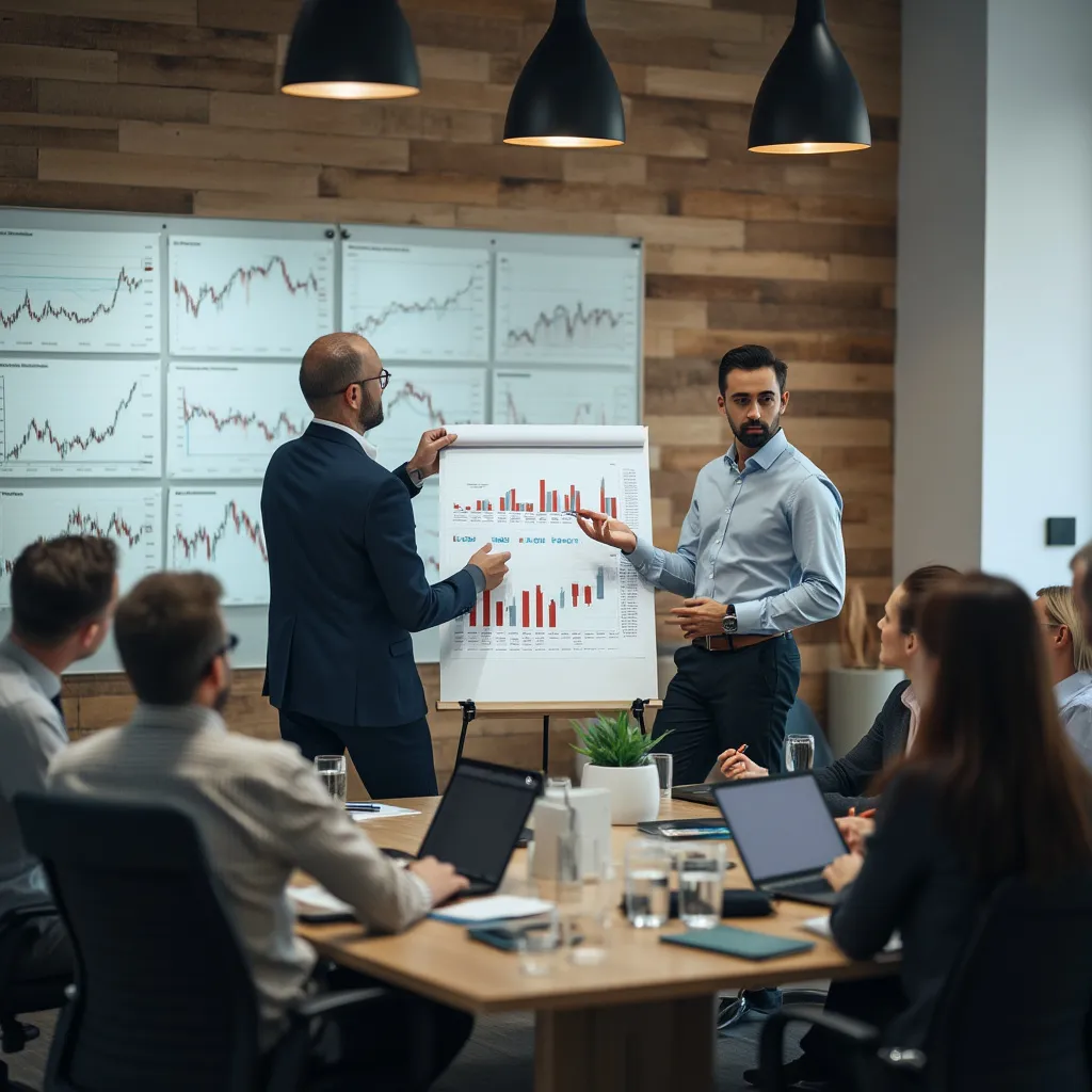 Consultor presentando estrategias financieras a clientes