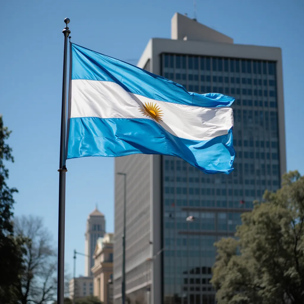 Bandera Argentina ondeando frente a edificio financiero